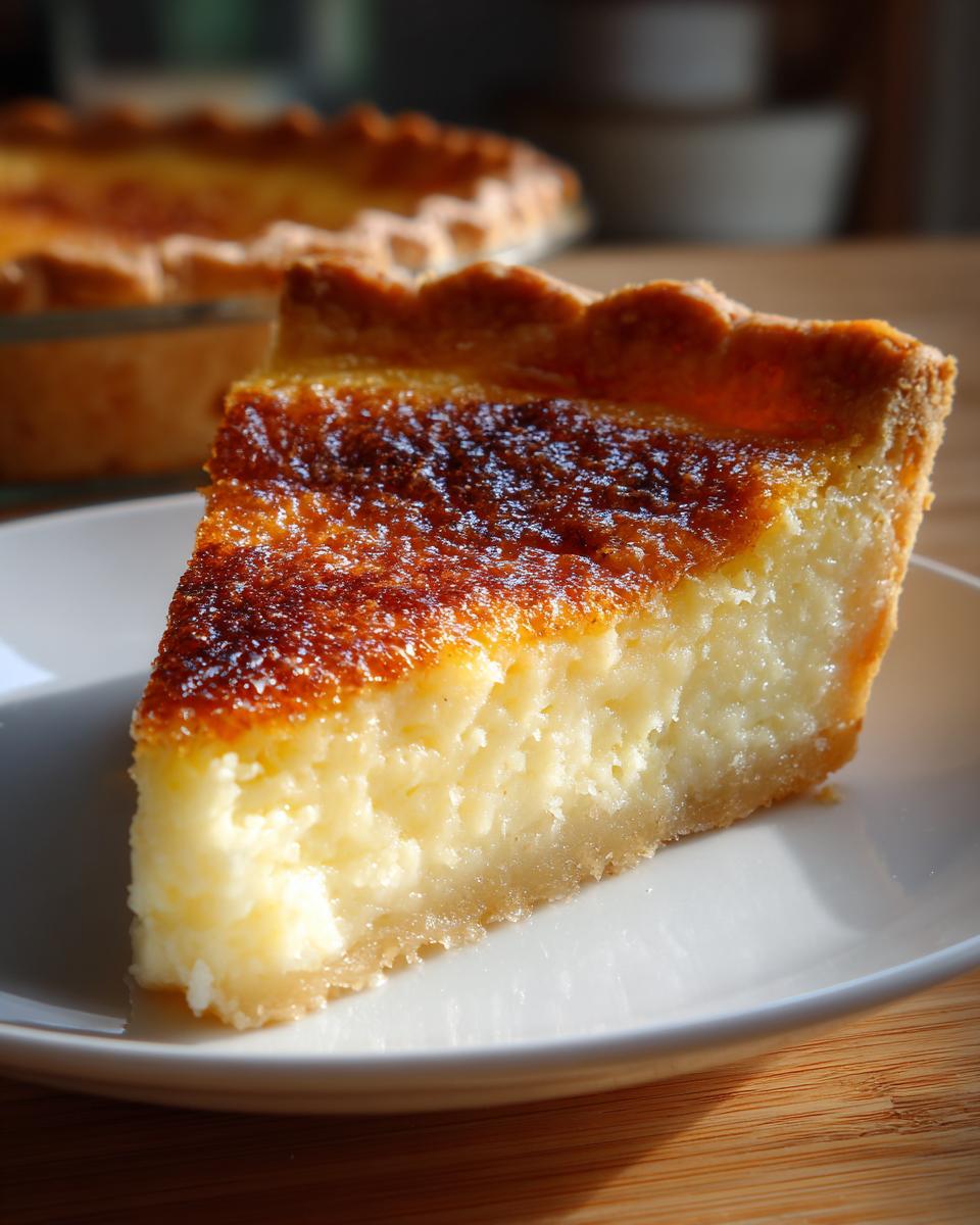 A close-up of a thick slice of buttermilk pie on a white plate, showing the creamy filling and caramelized top.