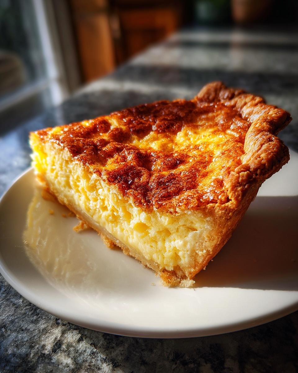 A thick slice of buttermilk pie with a golden-brown, slightly caramelized top, served on a white plate.