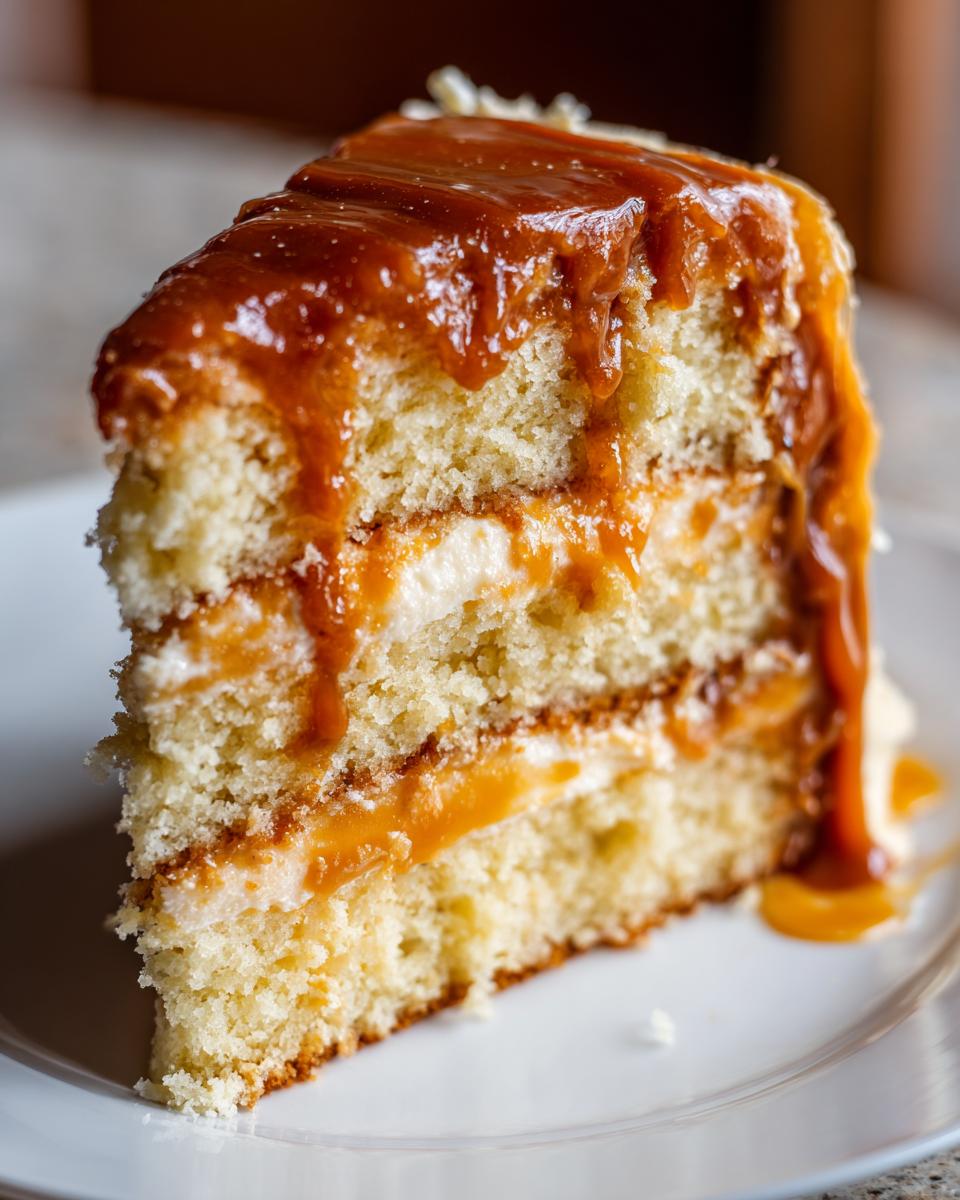 A close-up of a decadent slice of caramel cake featuring three layers of sponge, cream filling, and generous caramel sauce dripping down the side.