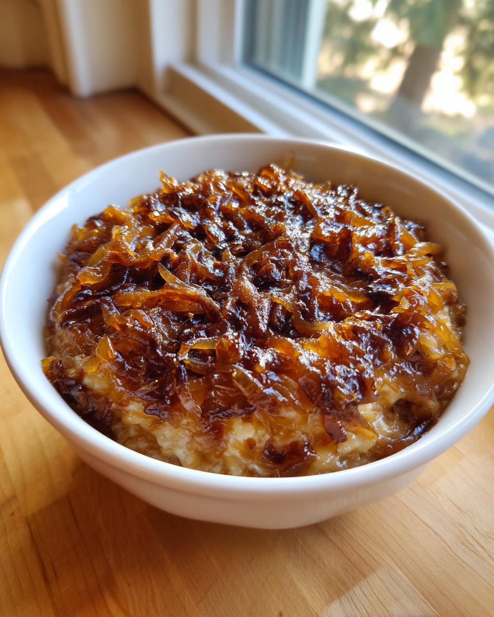 Close-up of a white bowl filled with creamy onion dip topped generously with dark, caramelized onions.