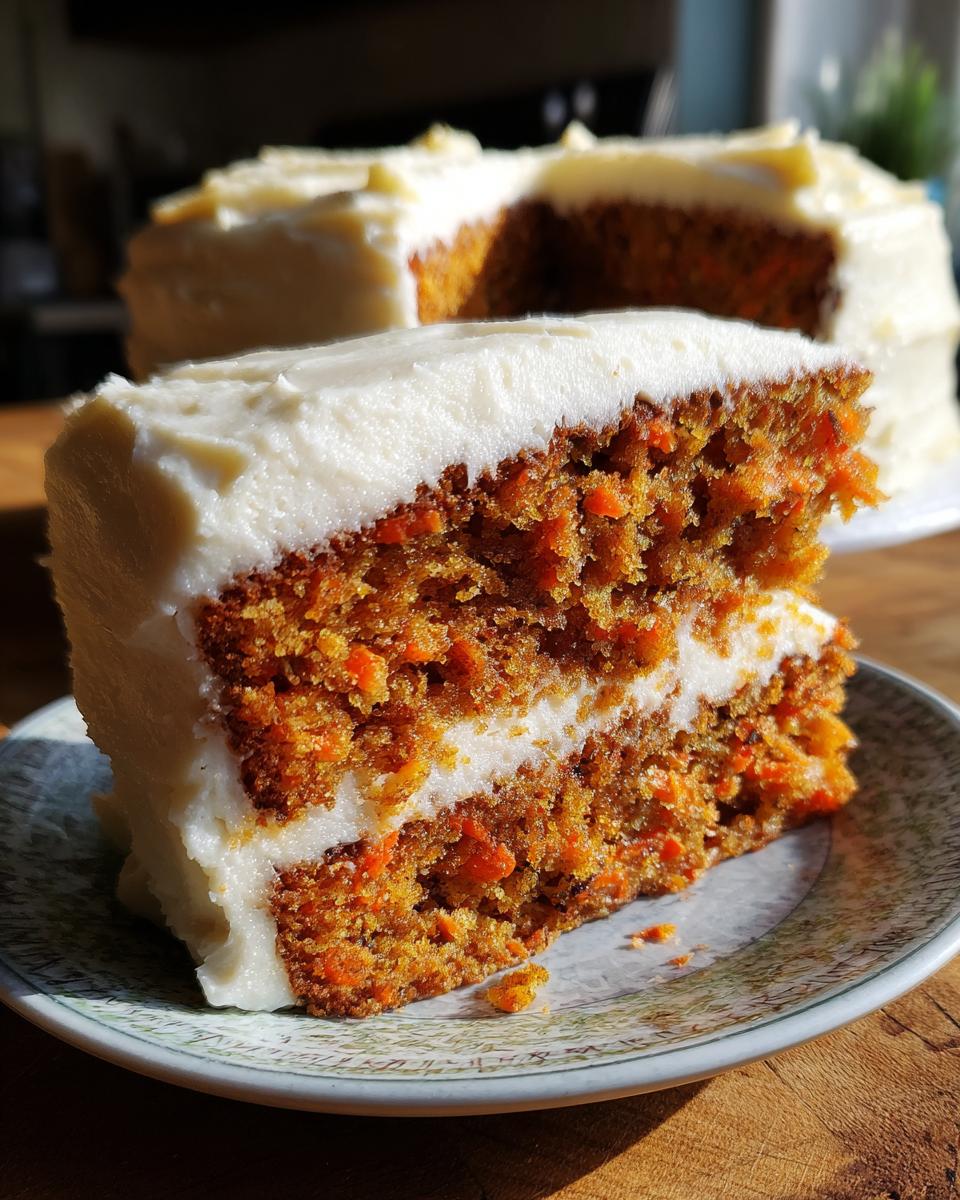 A close-up slice of moist carrot cake recipe showing two layers with thick cream cheese frosting.