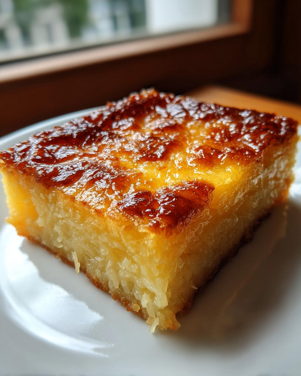 A close-up of a square slice of moist cassava cake with a deeply caramelized, golden-brown top.