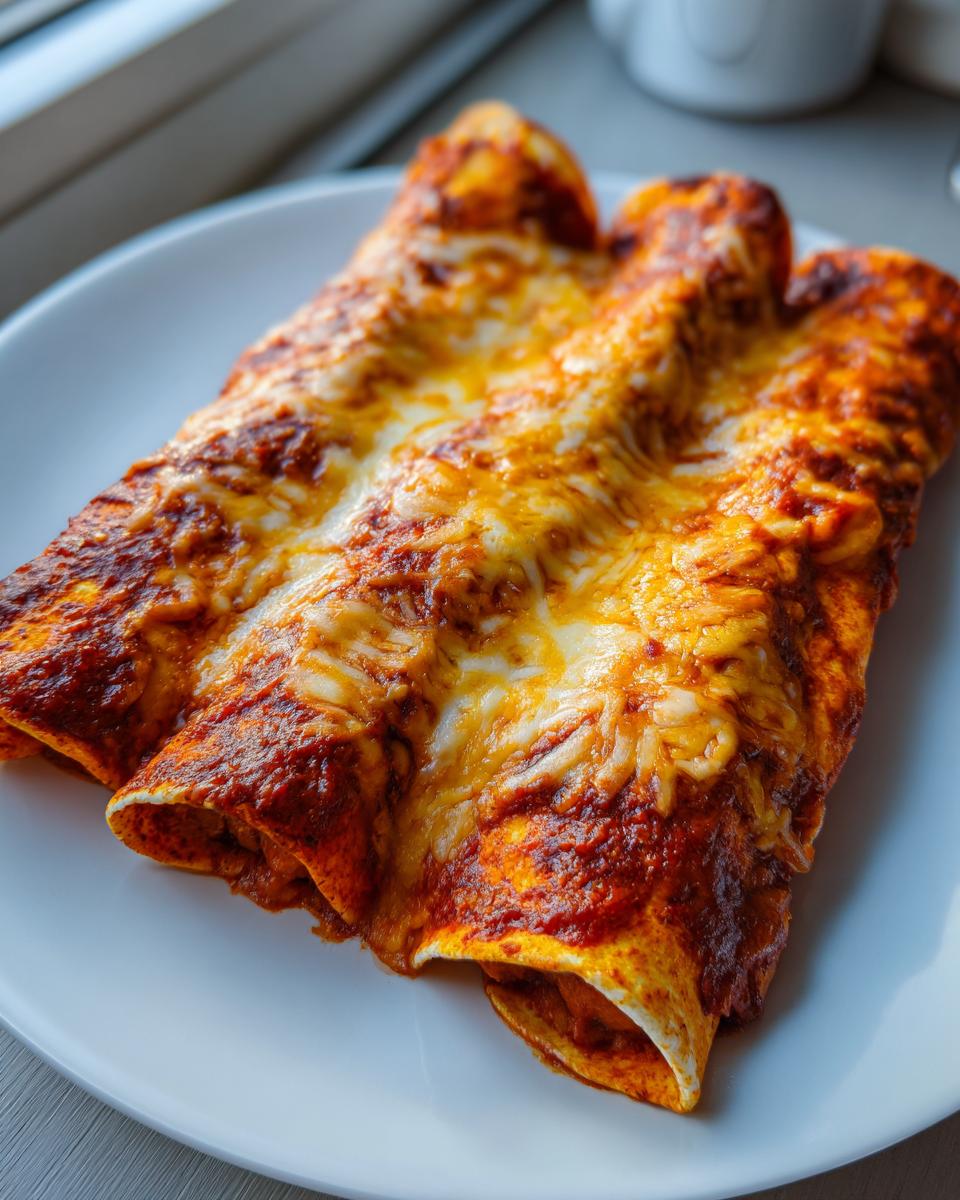 Close-up of three baked cheese enchiladas covered in melted cheese and red sauce.