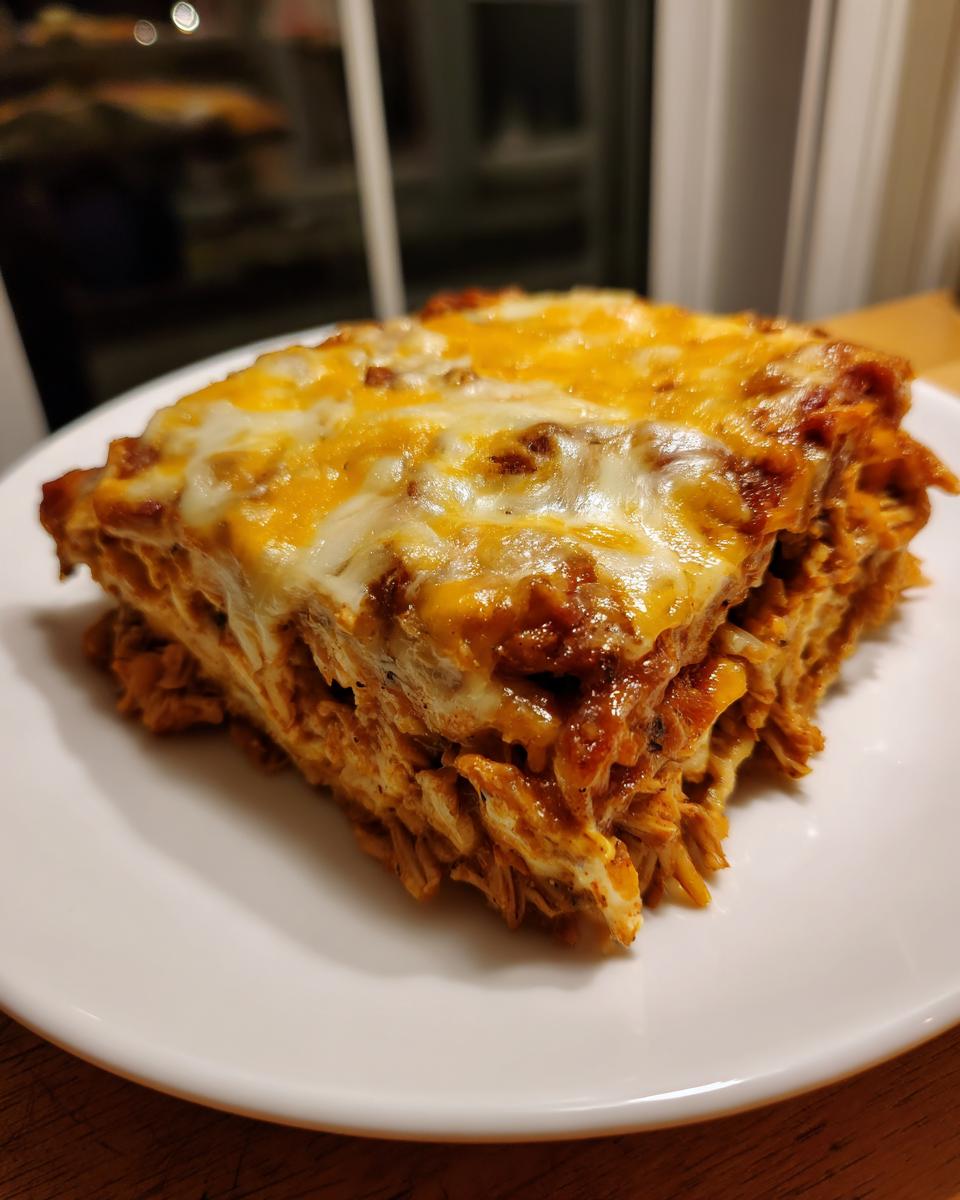 A generous square slice of cheesy, layered burrito bake served on a white plate.