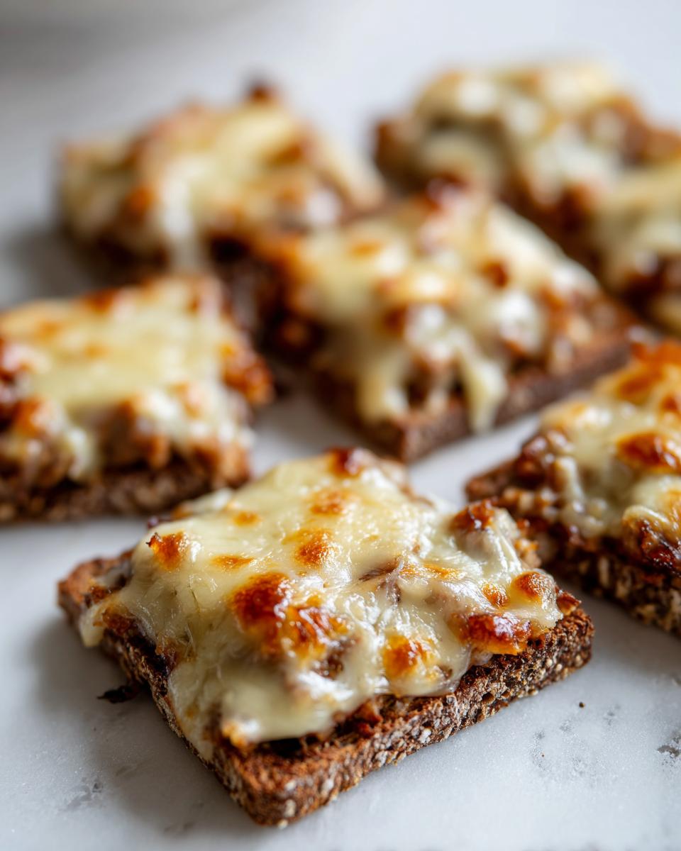 Close-up of several small, square appetizers made with dark bread topped with savory filling and melted, bubbly cheese, representing the hanky panky recipe.