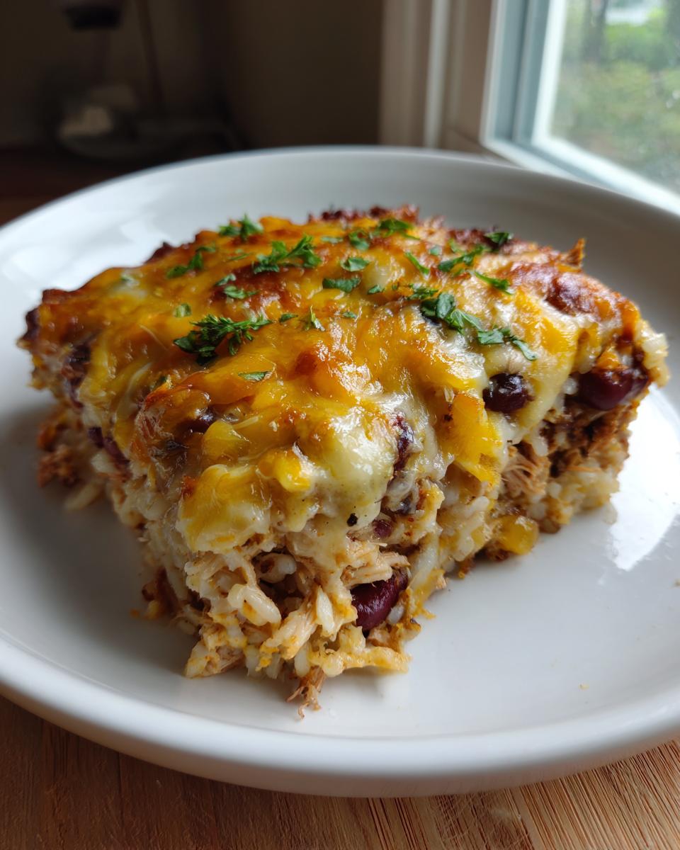 A close-up of a square serving of cheesy burrito bake topped with melted cheddar and parsley on a white plate.