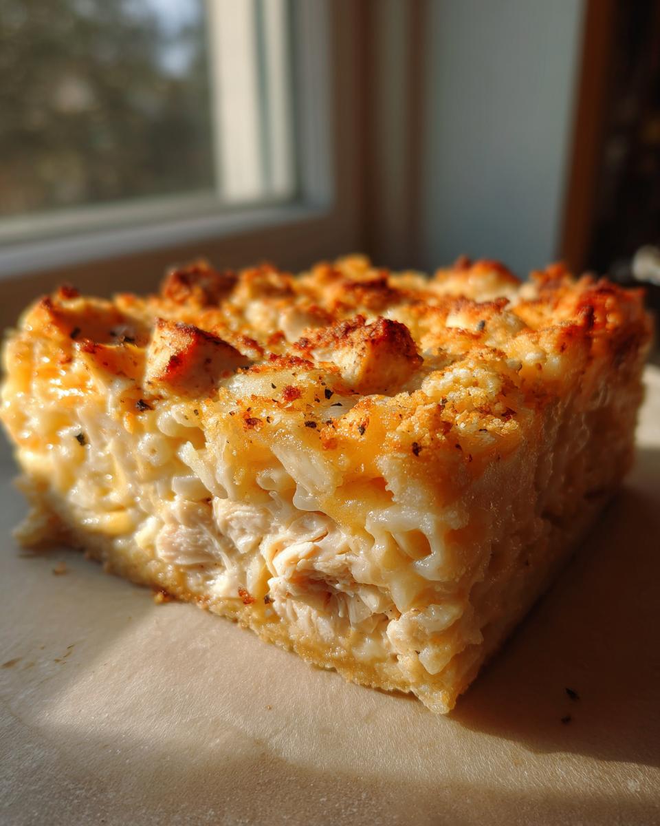A square slice of creamy, cheesy chicken and rice casserole with a golden, crispy topping.