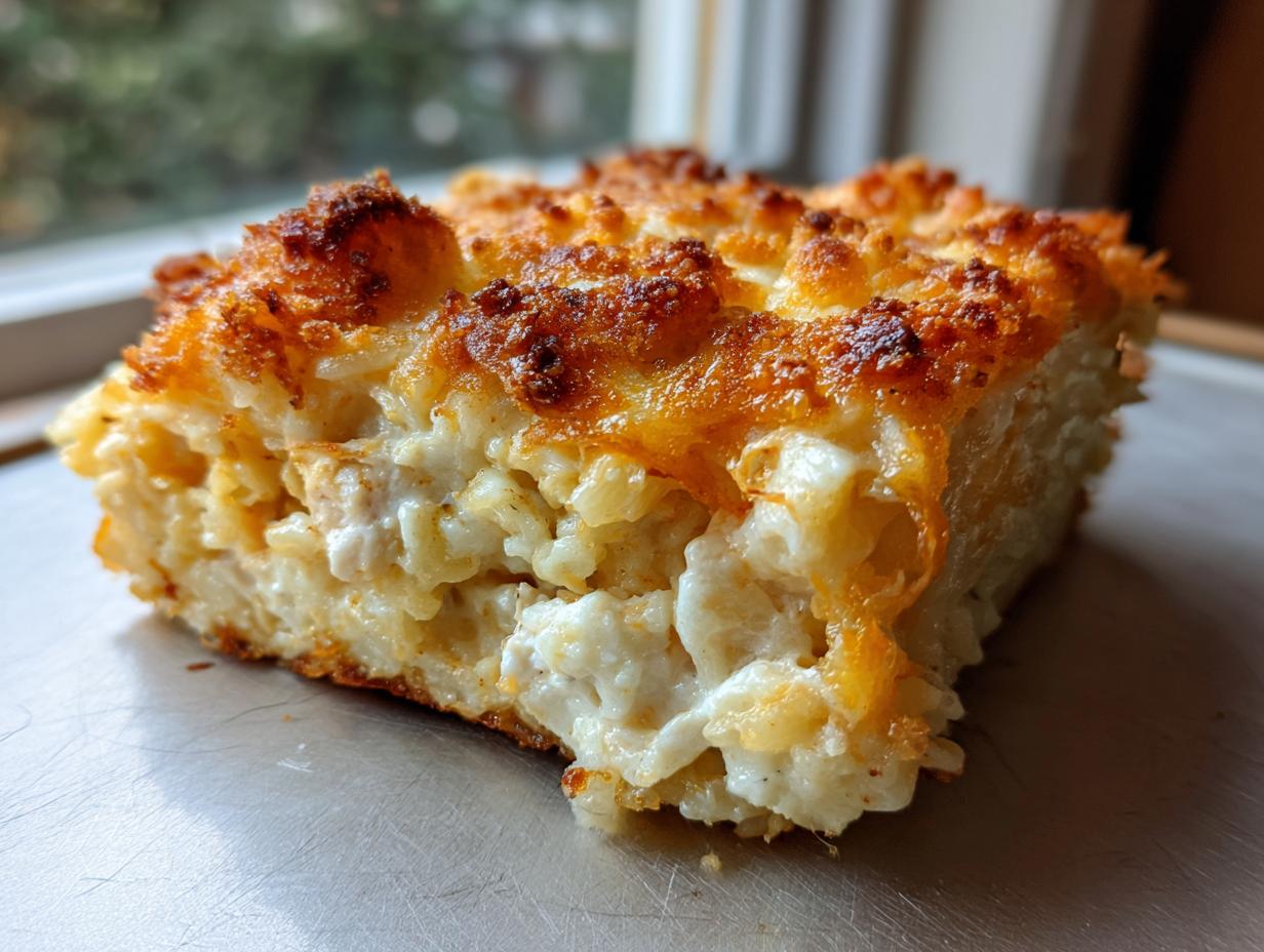 A close-up of a square slice of cheesy chicken and rice casserole featuring a golden-brown, bubbly cheese crust.