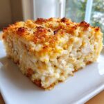 A close-up of a golden-brown slice of cheesy chicken and rice casserole on a white plate.