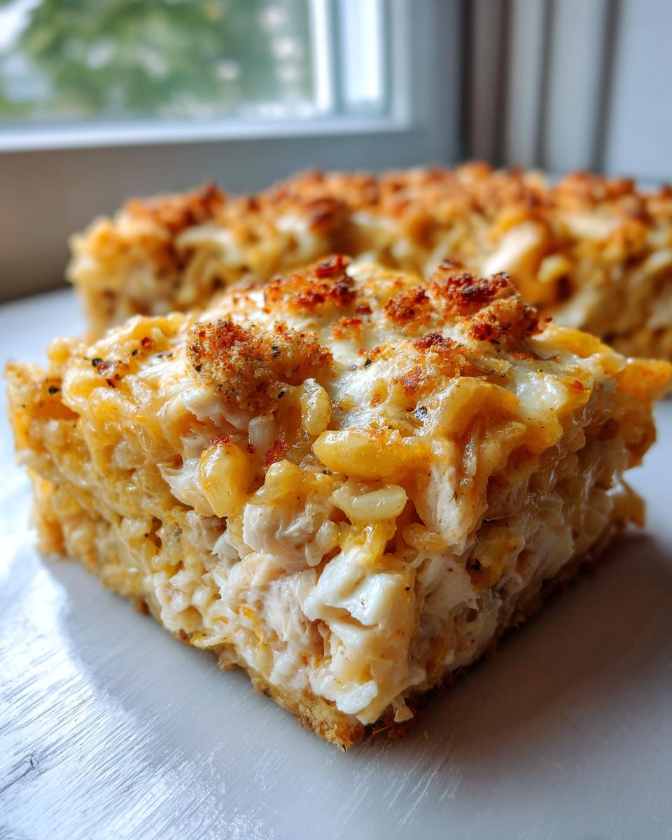 A thick slice of baked cheesy chicken and rice casserole showing creamy filling and a crispy breadcrumb topping.