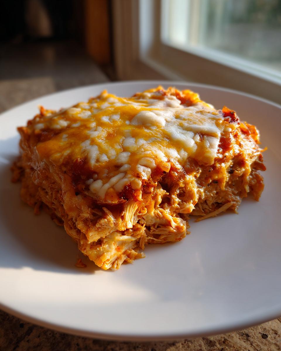 A close-up serving of a layered, cheesy chicken burrito bake on a white plate, bathed in warm sunlight.