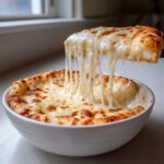 A slice of cheesy bread is lifted from a bowl of baked dip, showing extreme cheese pull, likely made with white pizza sauce.