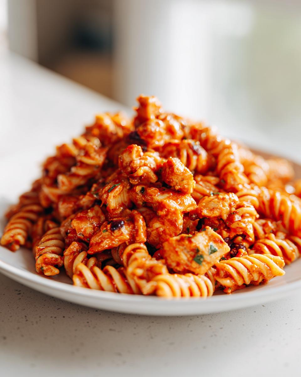 A close-up shot of cheesy enchilada pasta made with rotini noodles and chunks of chicken in a rich red sauce.
