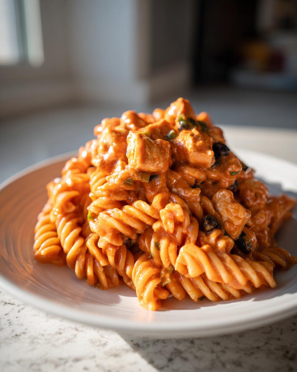 A close-up of a serving of cheesy enchilada pasta made with rotini noodles, coated in a rich orange sauce.