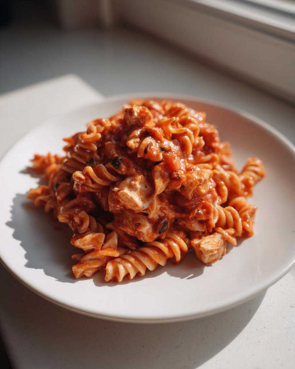 A close-up of a serving of cheesy enchilada pasta made with rotini, coated in a creamy red sauce, served on a white plate.