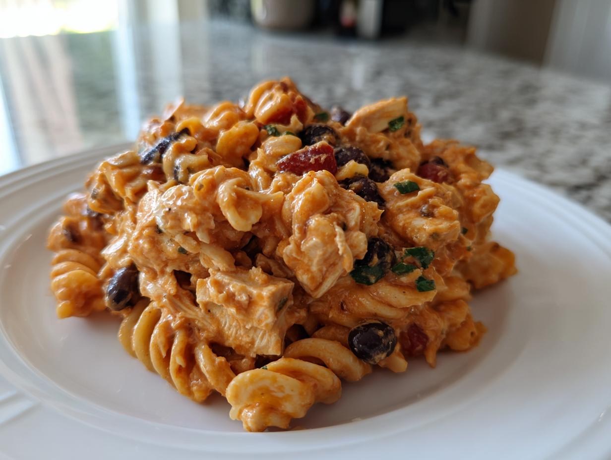 A close-up serving of creamy, cheesy enchilada pasta mixed with chunks of chicken and black beans on a white plate.