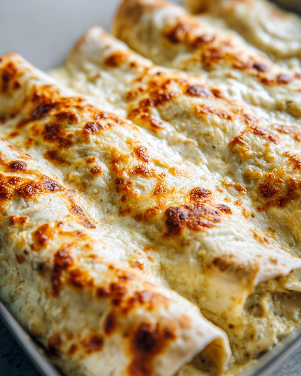 Close-up of several baked green chile chicken enchiladas covered in melted, bubbly, and slightly browned white cheese sauce.