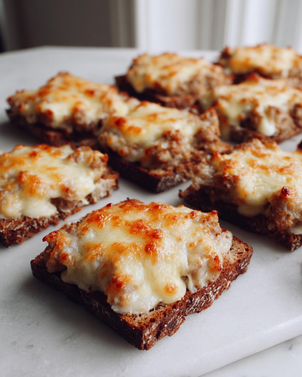Close-up of several cheesy, baked hanky panky recipe appetizers served on small squares of dark bread.