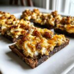 Close-up of several baked hanky panky recipe appetizers served on small slices of dark rye bread.