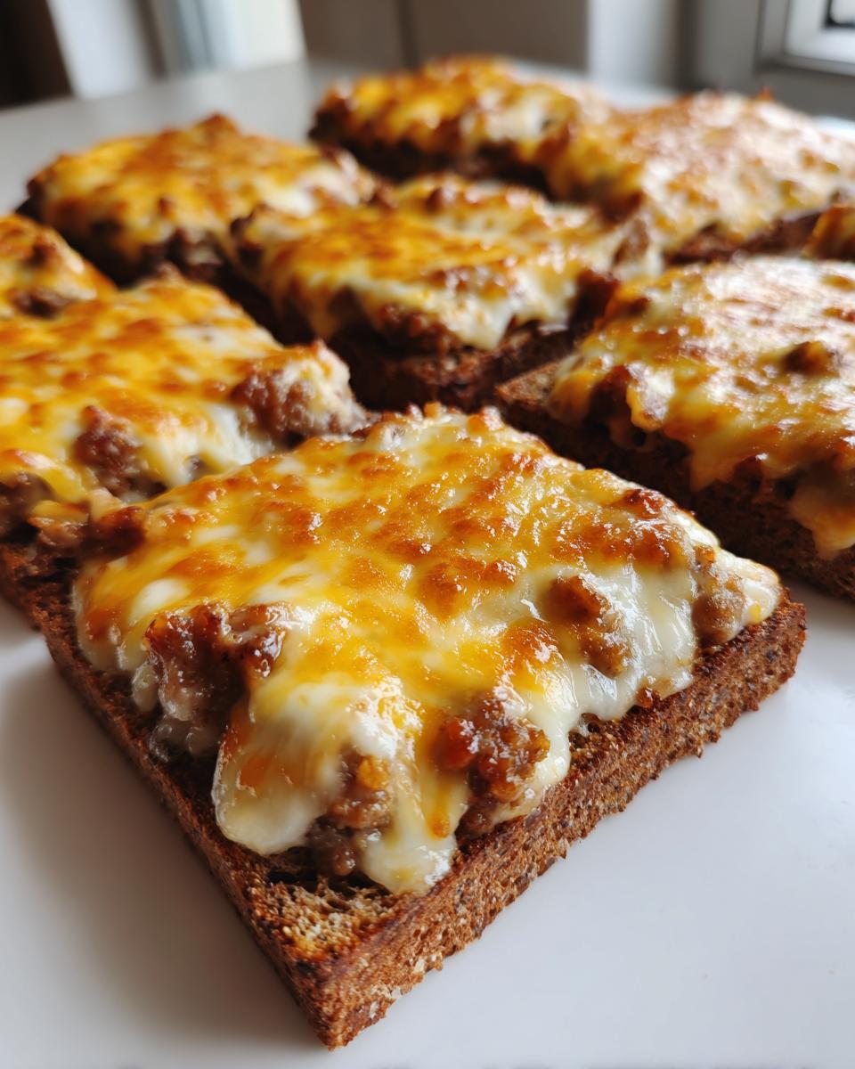 Several pieces of toasted bread topped with a savory meat mixture and melted, bubbly cheddar cheese, showcasing the hanky panky recipe.