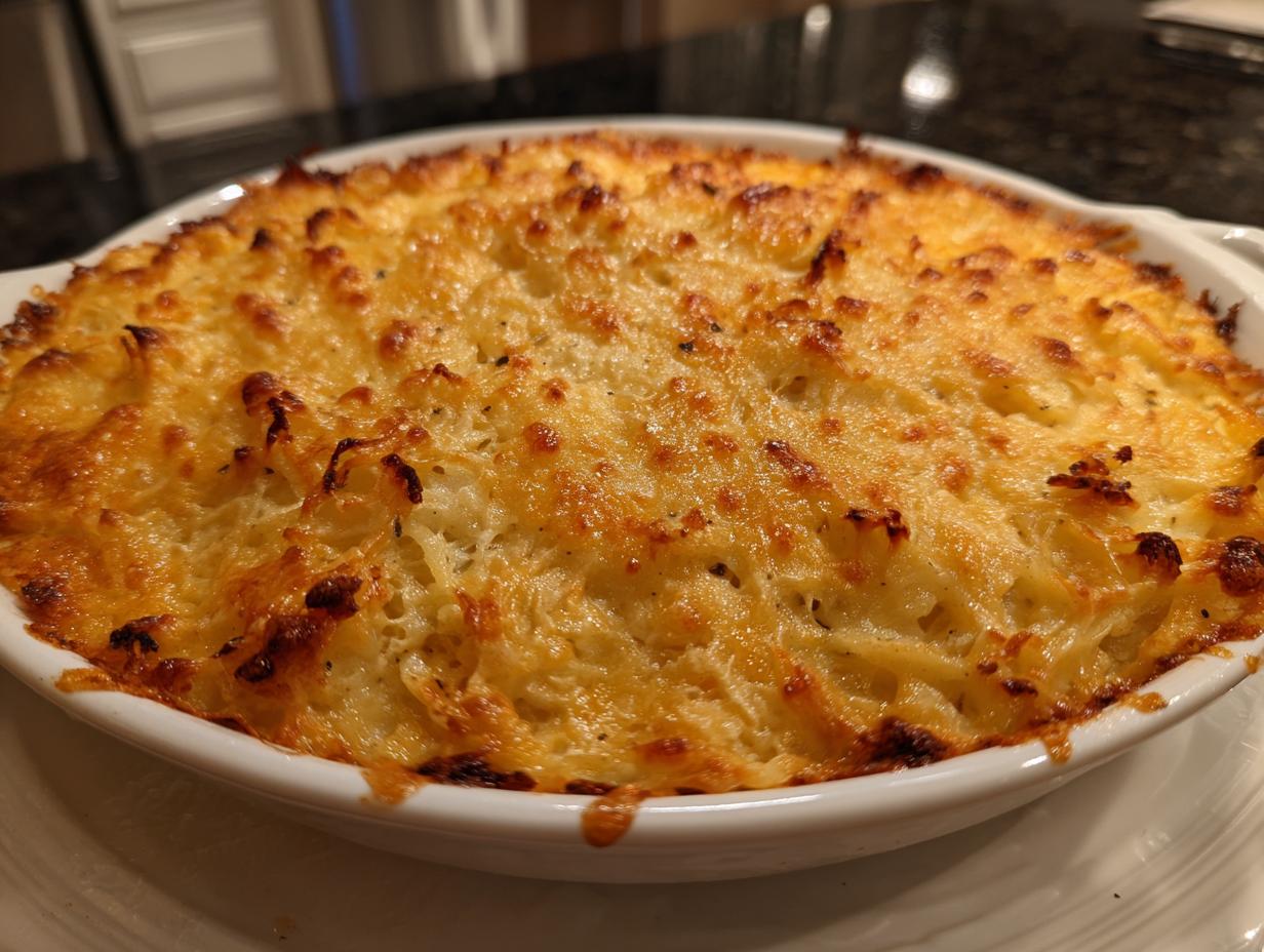 Close-up of a baked cheesy potato dish with a golden-brown, bubbly, and slightly crisped cheese topping.