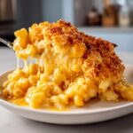 A spoonful of creamy baked mac and cheese showing long, satisfying cheese pulls and a crispy breadcrumb topping.