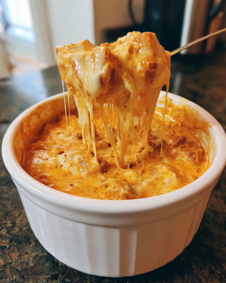 A spoonful of hot, cheesy reuben dip being pulled out of a white ramekin, showing long cheese strings.