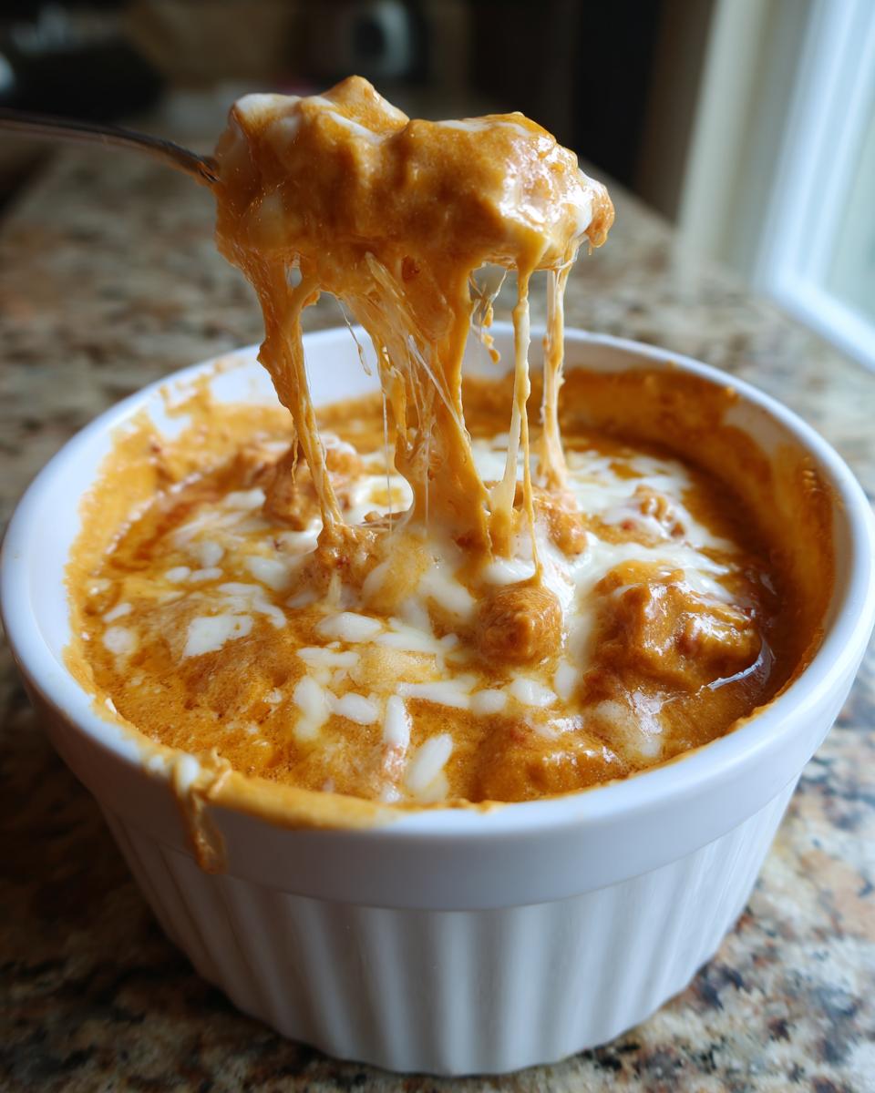 A spoonful of hot, cheesy reuben dip being lifted, showing long, gooey cheese strings.
