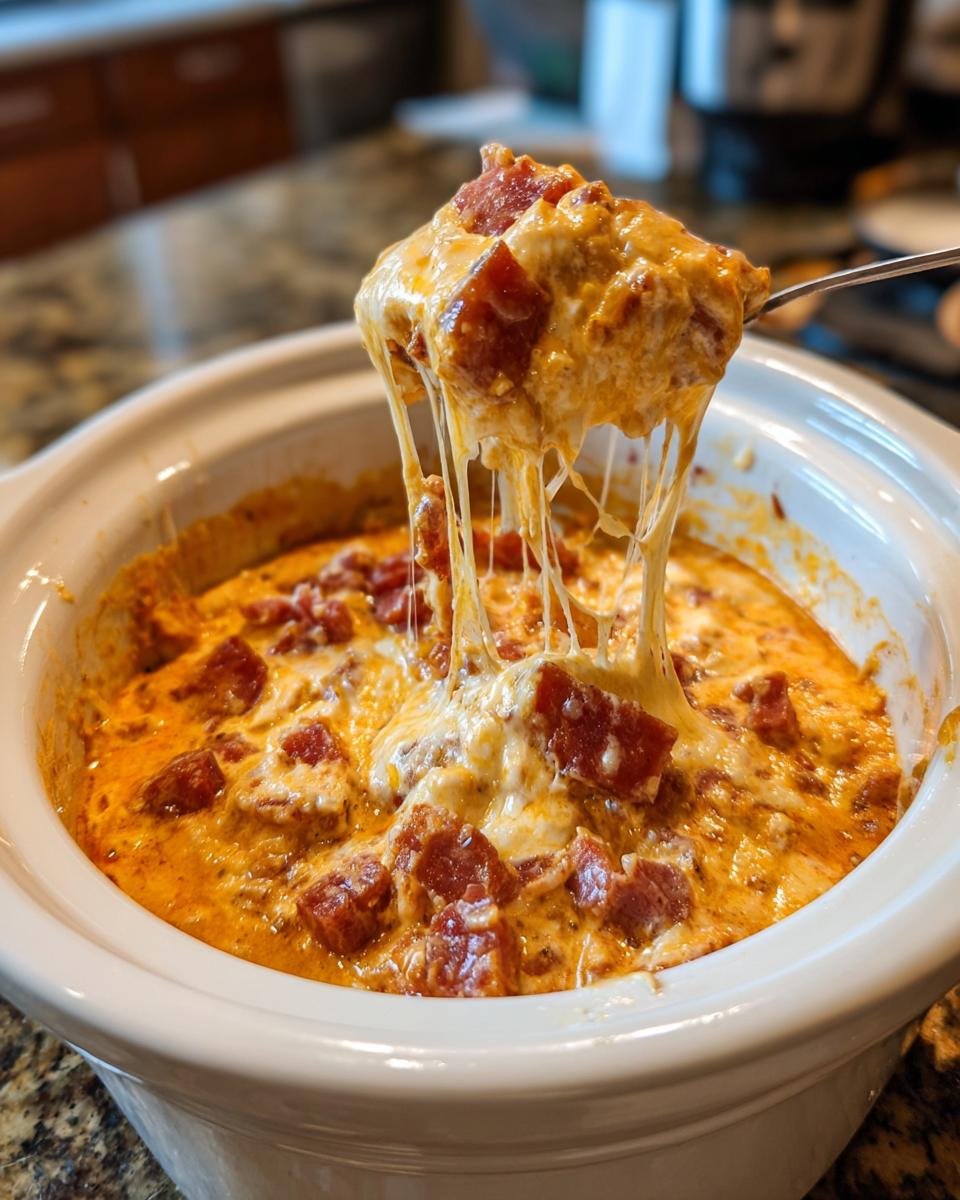 A spoonful of hot, cheesy reuben dip is lifted from a white slow cooker, showing long cheese strings.