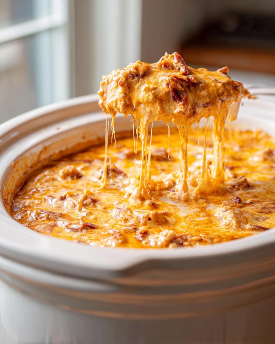 A spoonful of hot, cheesy reuben dip is lifted from a slow cooker, showing long, gooey cheese strings.