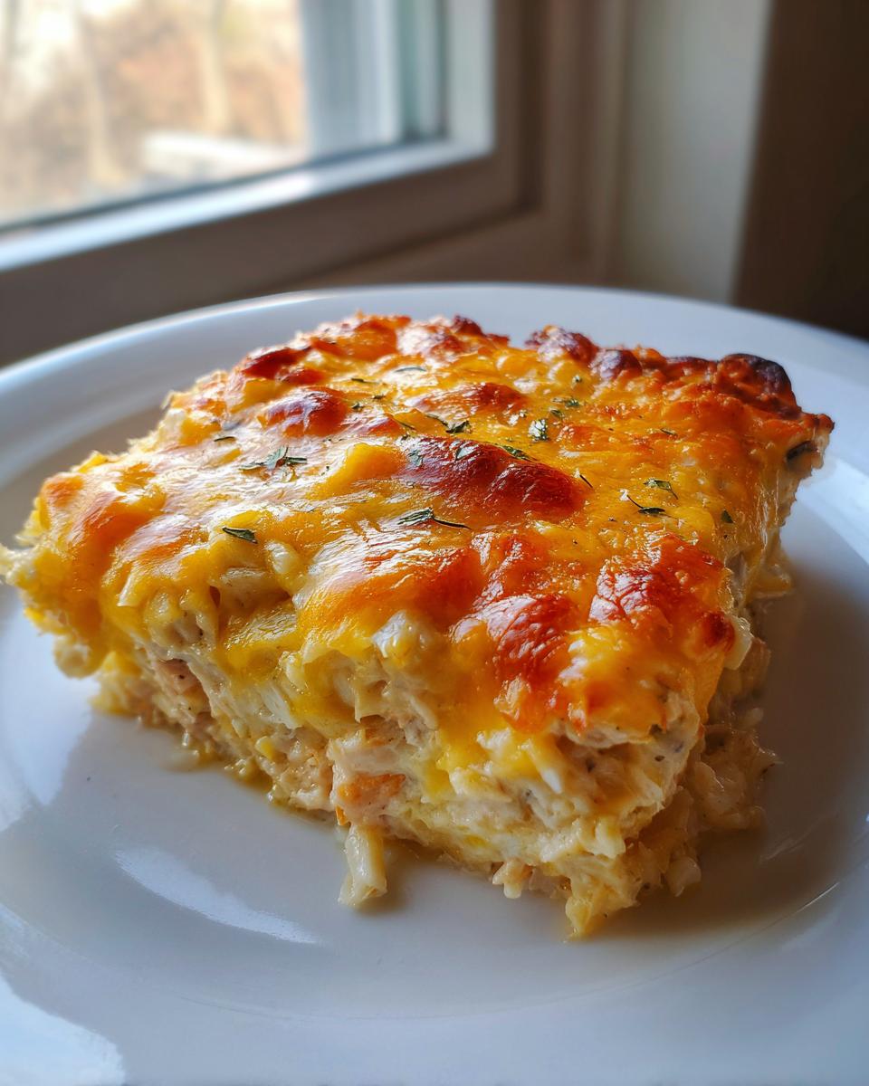 A square serving of cheesy, baked burrito bake with a golden-brown topping on a white plate.