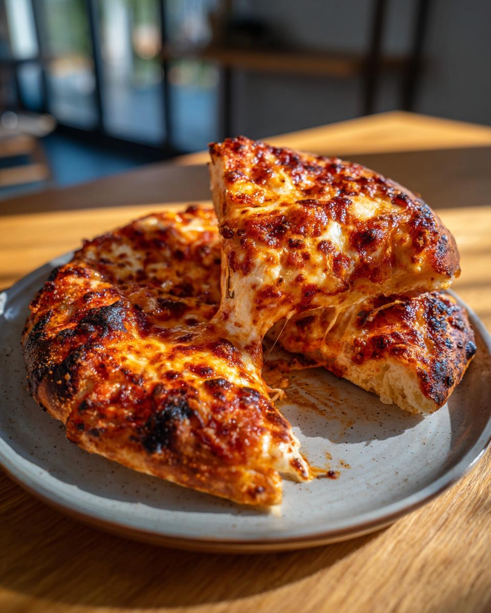 A close-up of a thick-crust homemade pizza slice being lifted, showing a dramatic cheese pull over the rest of the pizza.