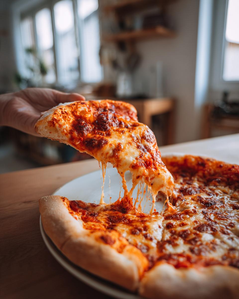 A hand lifting a slice of homemade pizza, showing long, stretchy cheese pulls over the rest of the pizza on a white plate.