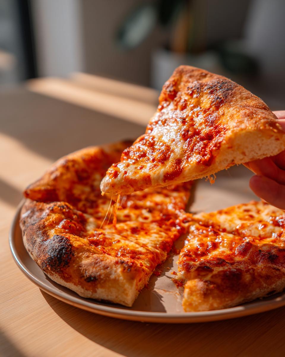 A hand lifting a cheesy slice of homemade pizza, showing a long cheese pull over the rest of the pie.