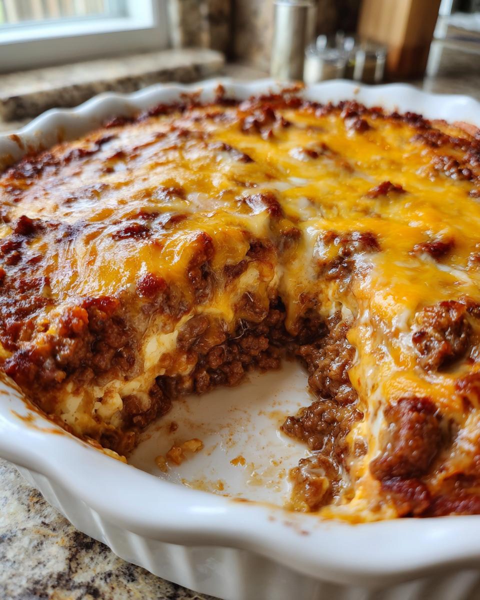 Close-up of hot, cheesy texas trash dip with a scoop removed from the white baking dish.