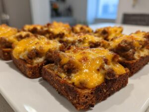 Close-up of several pieces of toasted bread topped with savory meat mixture and melted cheddar cheese, ready to serve for the hanky panky recipe.
