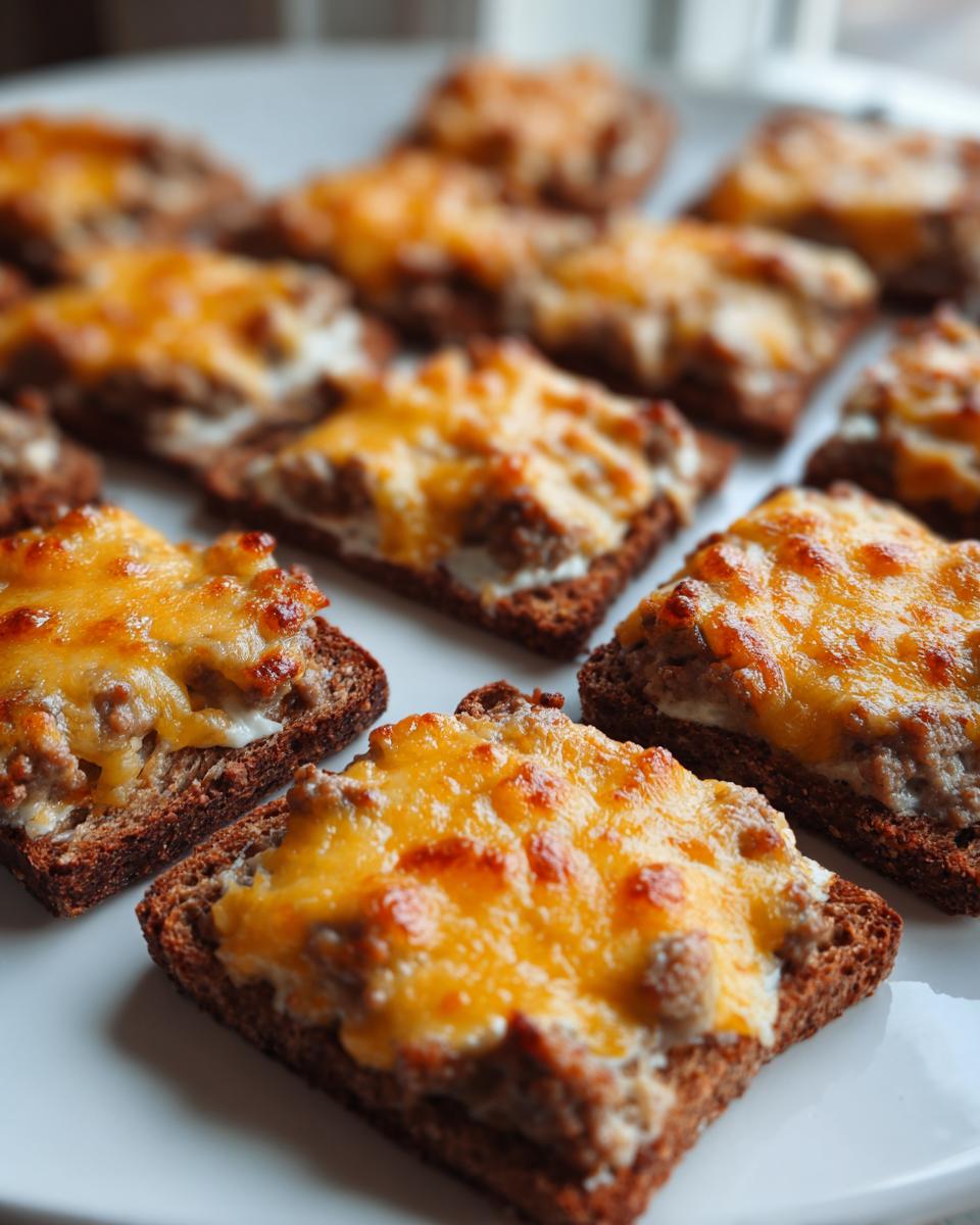 Close-up of several small, square appetizers made with dark bread, topped with a savory meat mixture and melted, bubbly cheddar cheese, characteristic of a hanky panky recipe.