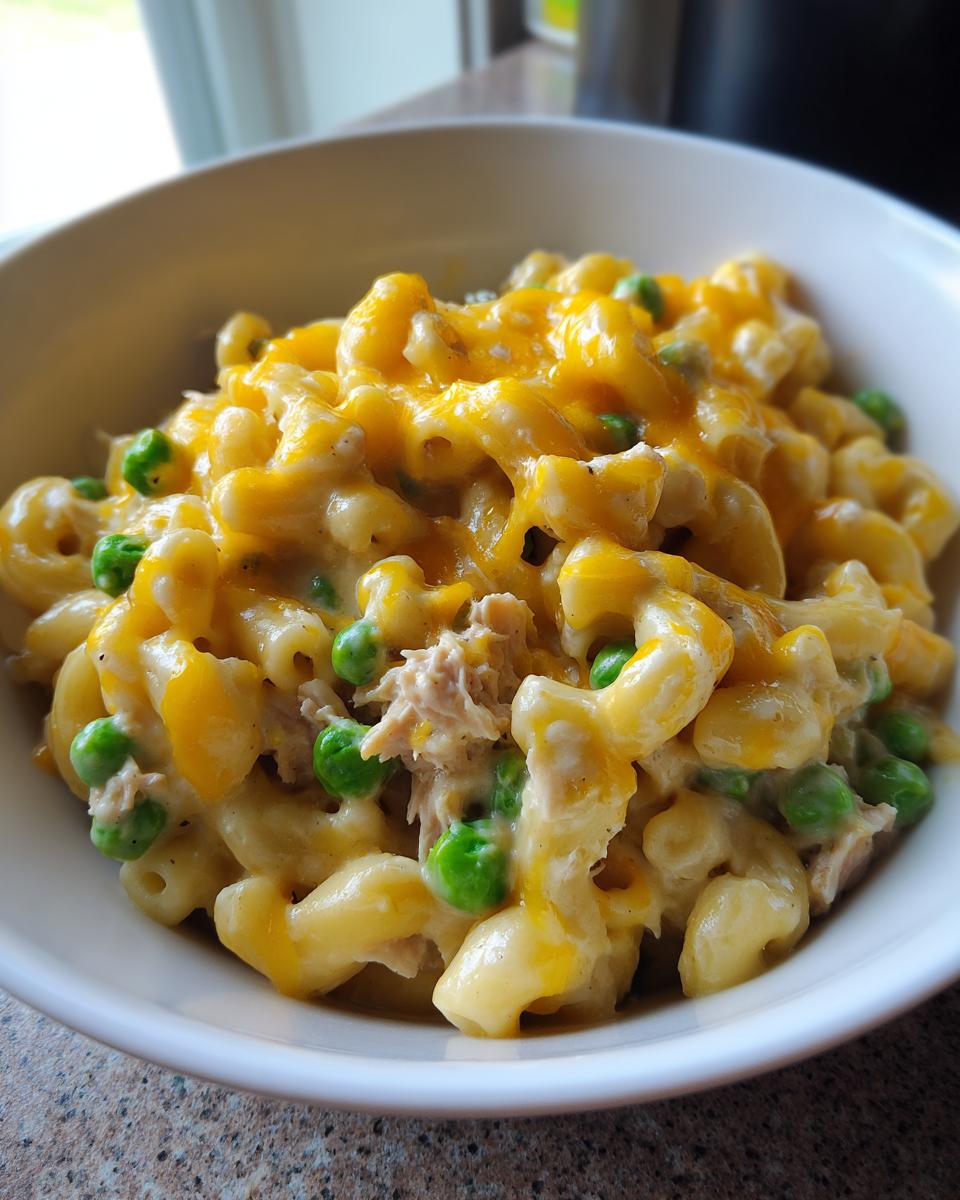 Close-up of creamy tuna pasta mixed with bright green peas and topped with melted cheddar cheese.
