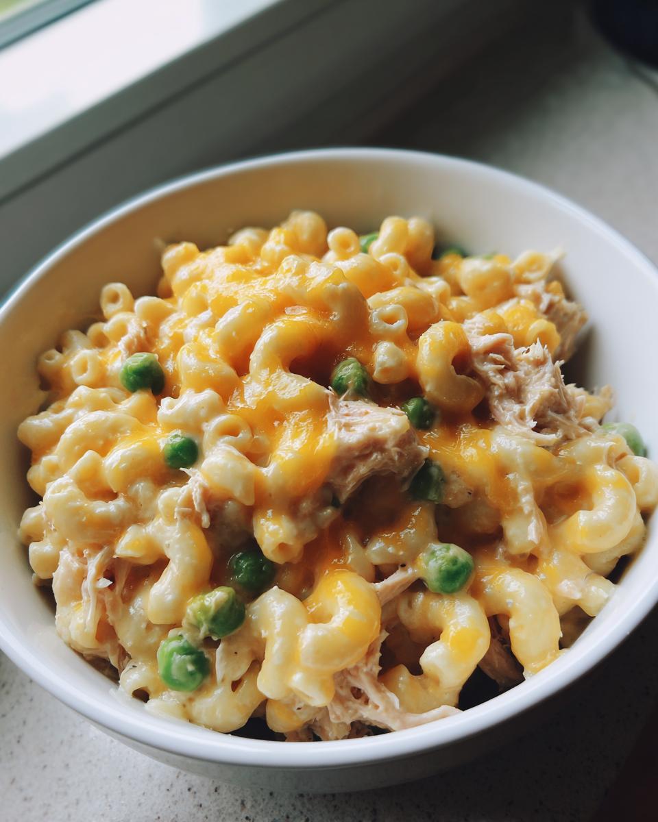 Close-up of creamy, cheesy tuna pasta with elbow macaroni and green peas, topped with melted cheddar cheese.