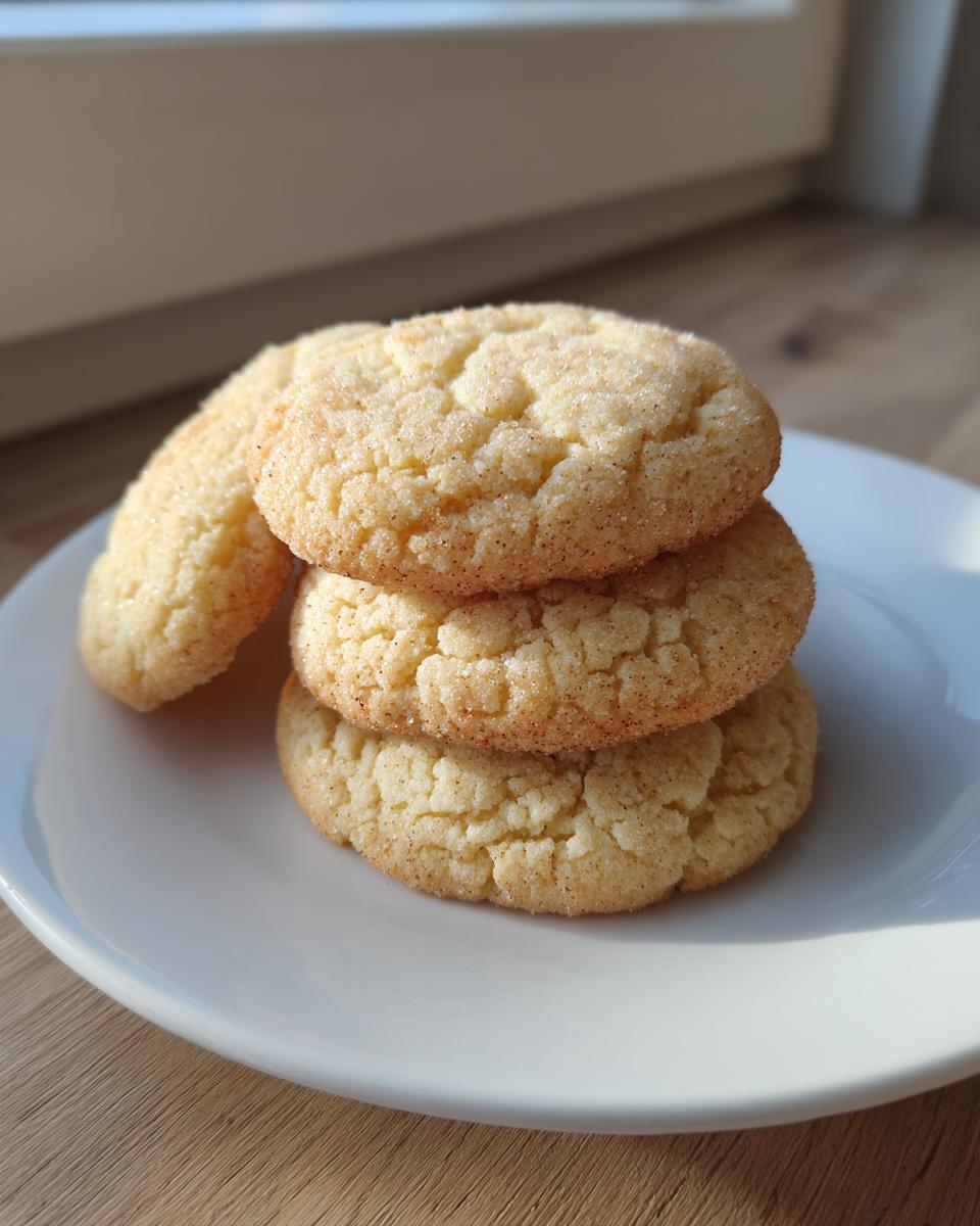 A stack of three perfectly baked, chewy sugar cookie treats coated in cinnamon sugar on a white plate.