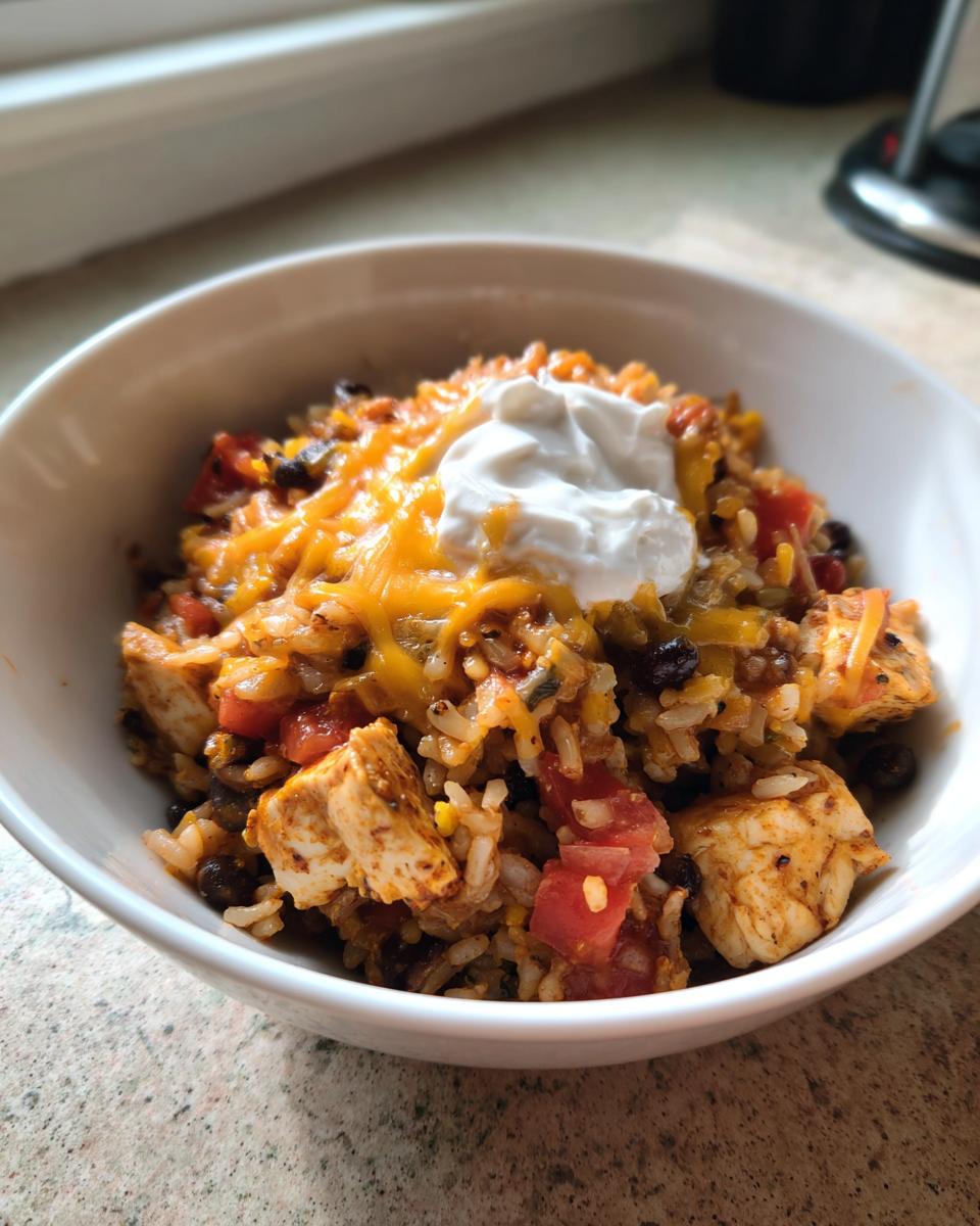 A close-up of a white bowl filled with a delicious chicken burrito bowl, topped with melted cheese and a dollop of sour cream.