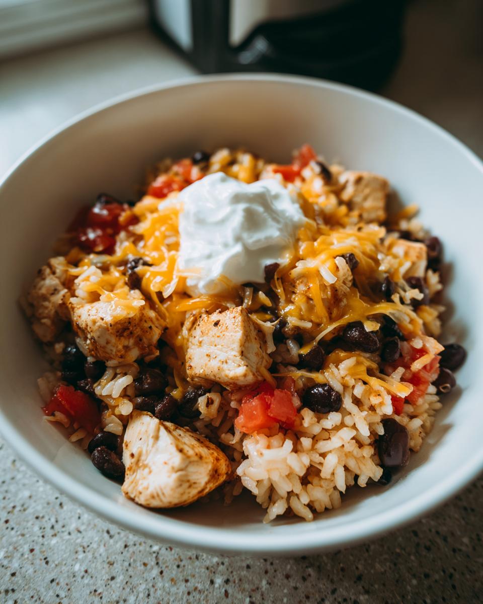 A close-up of a white bowl filled with a chicken burrito bowl featuring rice, black beans, chicken, cheese, and sour cream.