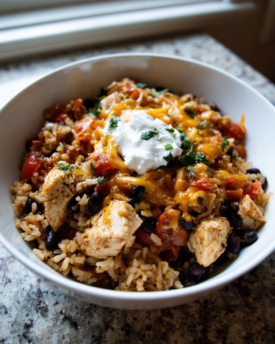 A close-up of a white bowl filled with a flavorful chicken burrito bowl, featuring rice, black beans, seasoned chicken, melted cheese, and sour cream.