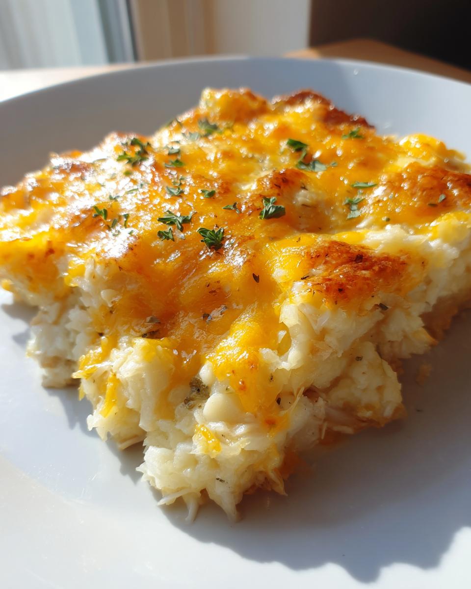 A close-up of a serving of chicken cauliflower rice casserole topped with melted cheddar cheese and parsley.