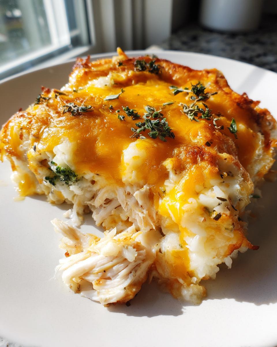 A close-up serving of chicken cauliflower rice casserole topped with melted cheddar cheese and fresh thyme.