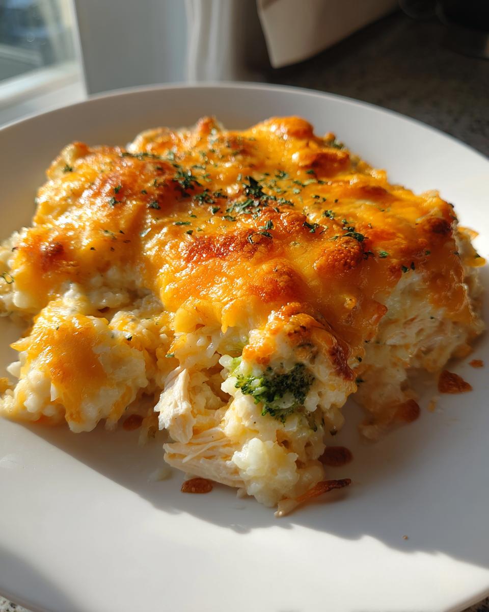 A serving of baked chicken cauliflower rice casserole topped with melted, browned cheddar cheese and parsley.
