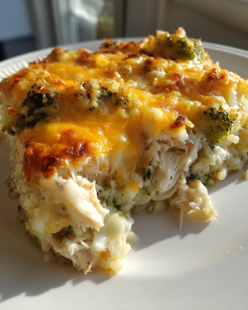 A close-up serving of cheesy chicken cauliflower rice casserole showing shredded chicken, rice, and broccoli under a melted, browned cheese topping.