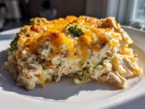 A close-up serving of chicken cauliflower rice casserole topped with melted, bubbly cheddar cheese and broccoli florets.
