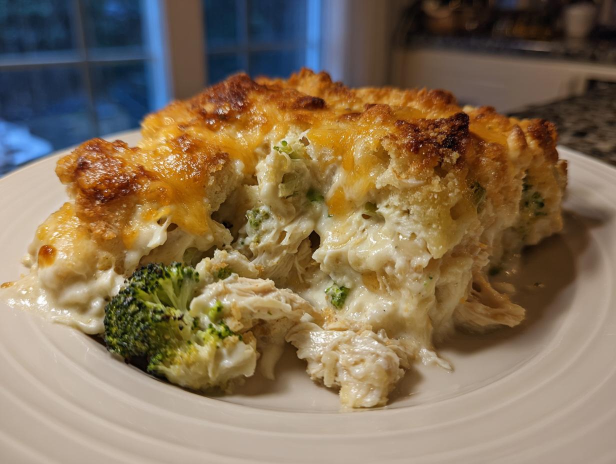 Close-up of a generous serving of creamy Chicken Divan casserole featuring shredded chicken, broccoli florets, and a golden, cheesy crust.