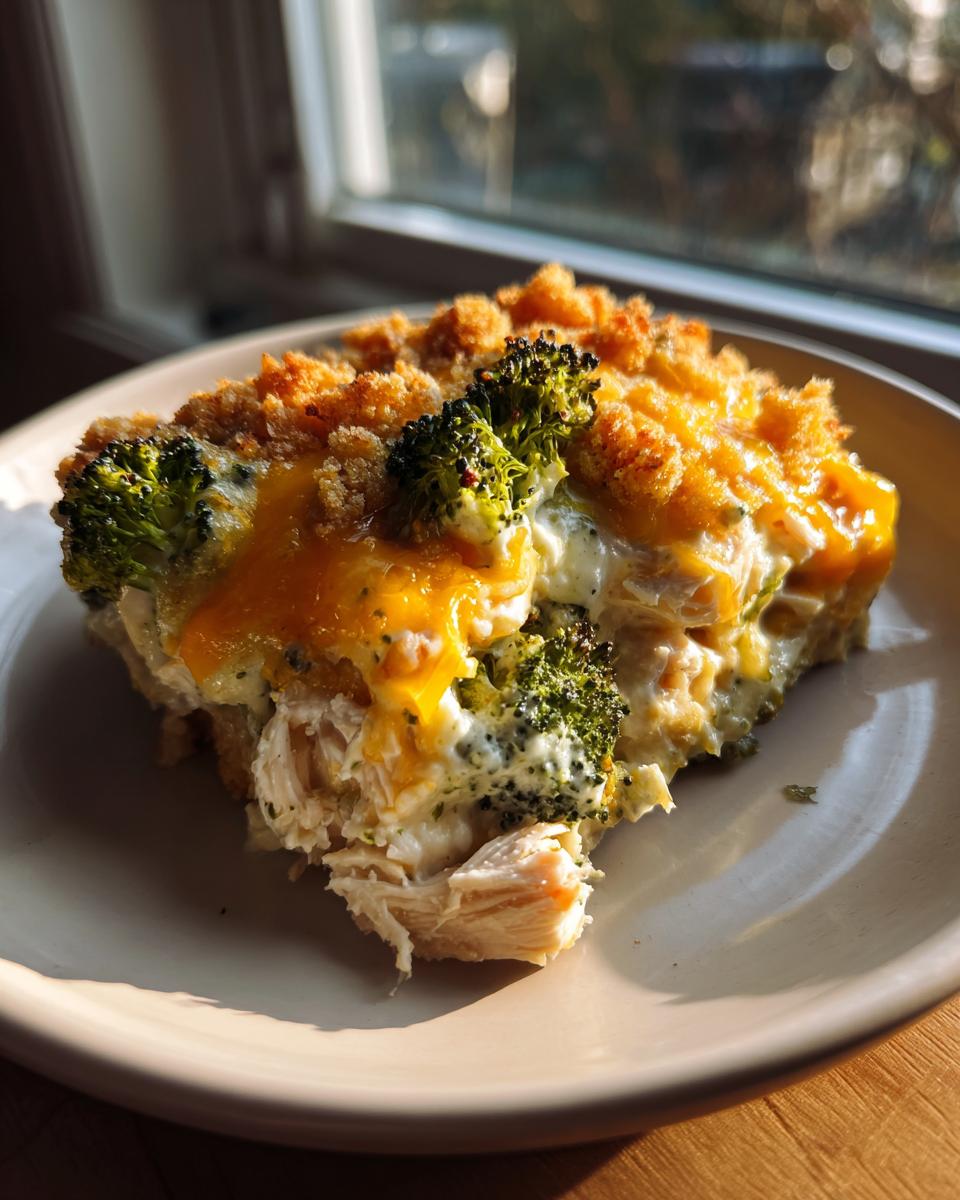 A close-up serving of creamy Chicken Divan casserole topped with melted cheddar cheese and bright green broccoli florets.